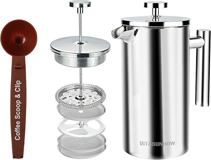 Insulated French Press Coffee Maker Stainless Steel Double-Wall Metal 3 Level Filtration System Rust-Free Dishwasher Safe