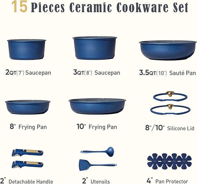 CAROTE Blue&ampGold Ceramic Cookware Set Non Toxic PFAS Free15Pcs Pots and Pans Set Non Stick Detachable/Removable HandleKitchen Cooking Set Dishwasher Safe Nonstick Pot and Pan Induction Cookwa
