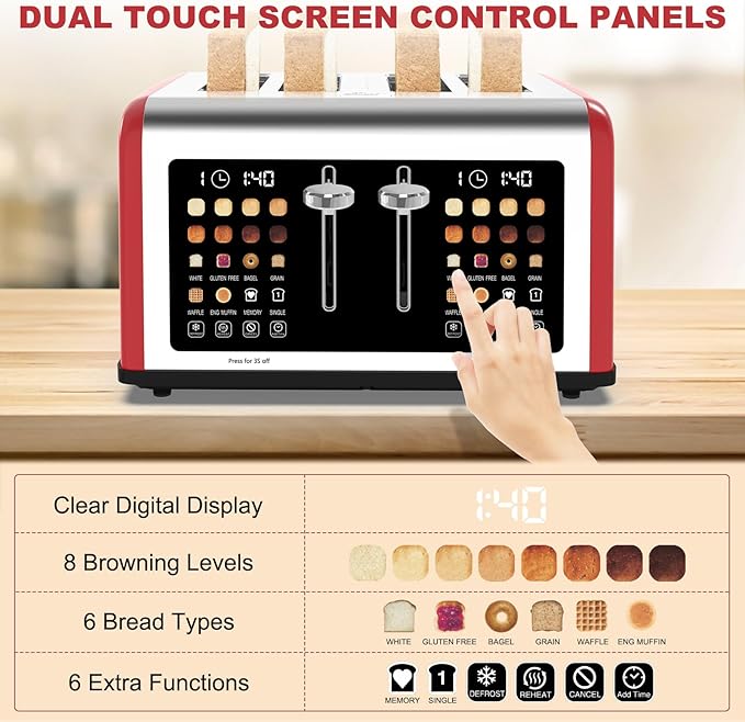 4 Slice Toaster Touch Screen Stainless Steel Toasters Digital Timer Dual Control Panel Toasters 8 Shade Settings 6 Bread Types for Bagel Cancel Defrost 1650W Red