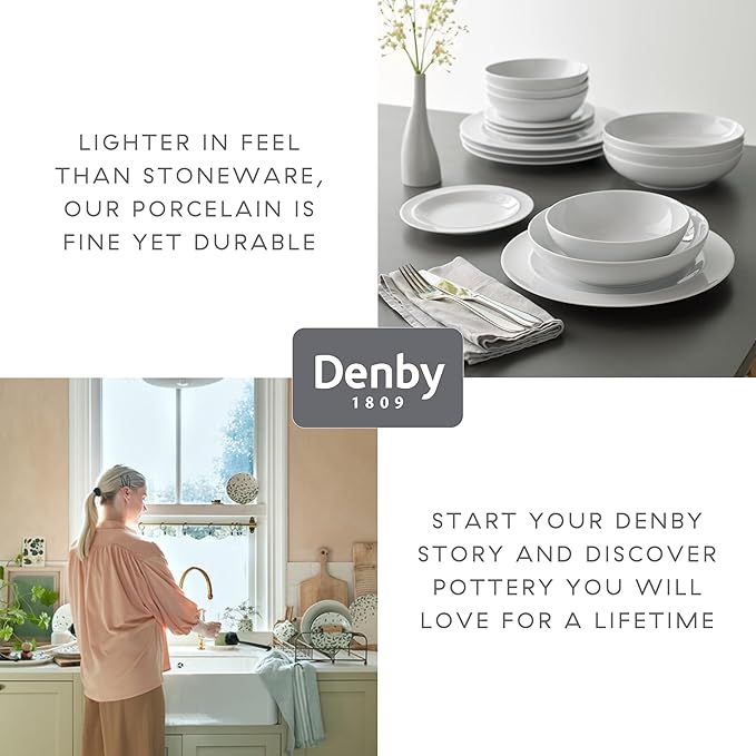 Denby - White By Denby Dinner Set For 4-12 Piece Tableware Set - Fine Porcelain Dinnerware Set - Dishwasher Microwave Oven Safe Scratch Resistant - 4 x Dinner Plates Small Plates &amp Cereal Bowls