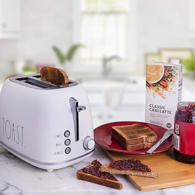 Rae Dunn Retro Rounded Bread Toaster 2 Slice Stainless Steel Toaster with Removable Crumb Tray Wide Slot with 6 Browning Levels Bagel Defrost and Cancel Options (Off-White)