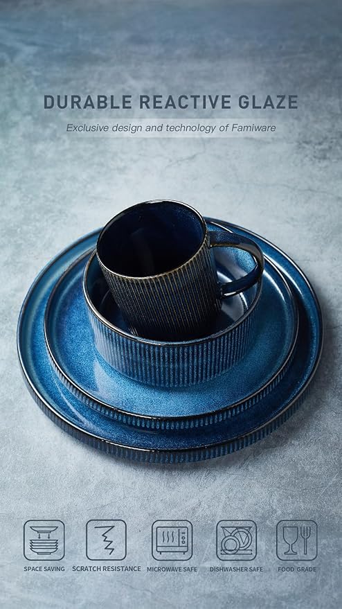 Famiware Star Dinnerware Set with Plates Bowls and Mugs Service for 4 (16-Piece) Stoneware Kitchen Dishes Dinner Plates - Nebulas Blue