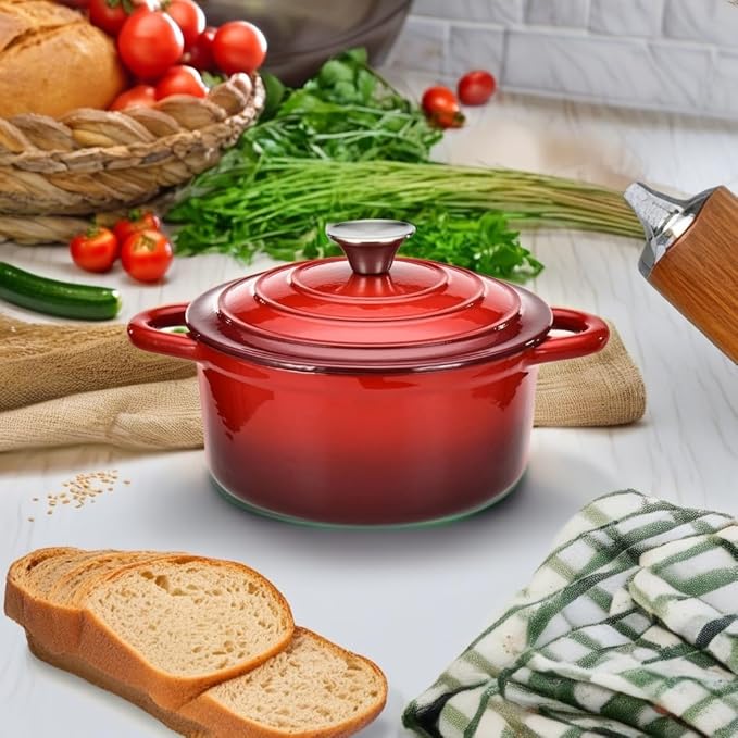 Hamilton Beach 3-Quart Enameled Cast Iron Dutch Oven with Lid | Heavy-Duty Pot for Braising Roasting &amp Baking | Red