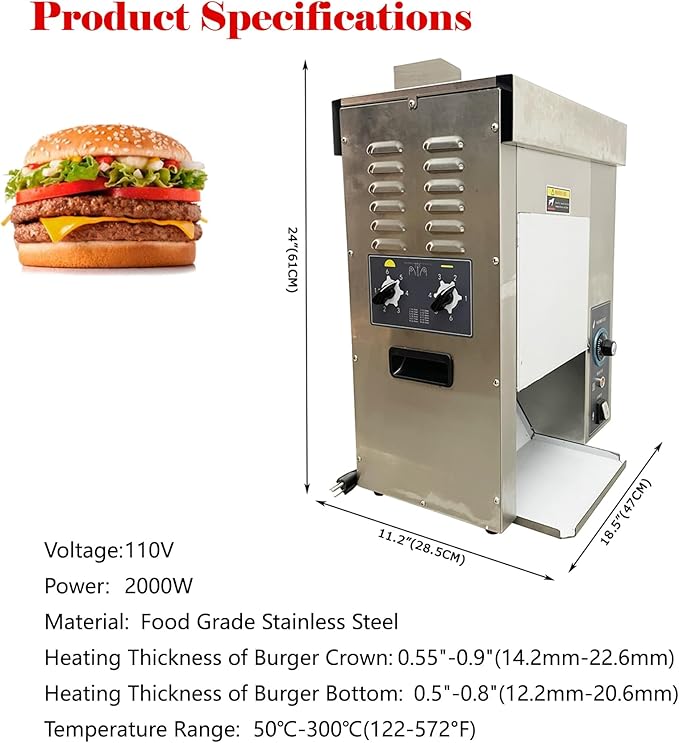 110V Vertical Hamburger Toaster Machine Adjustable Temperature and Thickness Burger Bun Toaster for Burger Joints Cafes 2000W