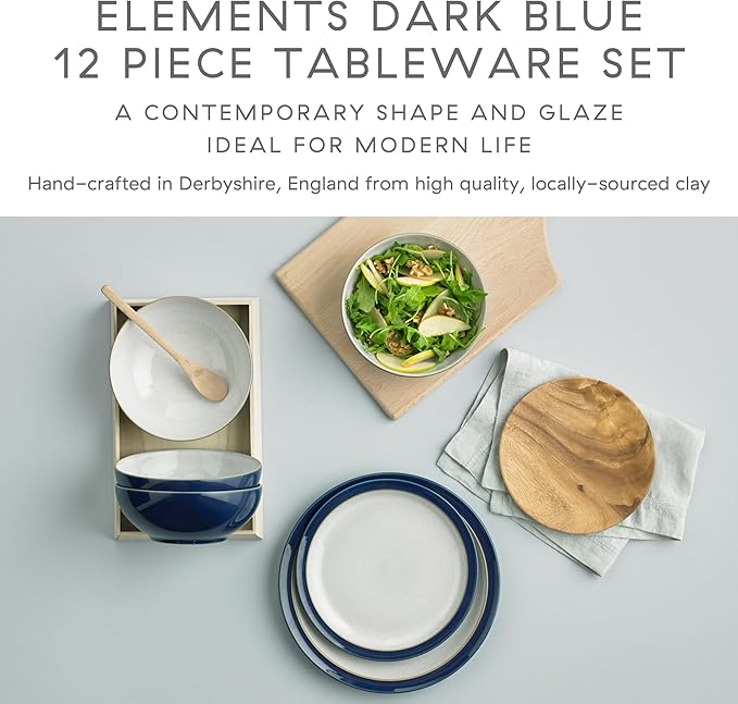 Denby Elements Dark Blue Dinner Set - 4/12 Piece Ceramic Tableware - Dishwasher &amp Microwave Safe - 4 Dinner Plates 4 Medium Plates 4 Cereal Bowls