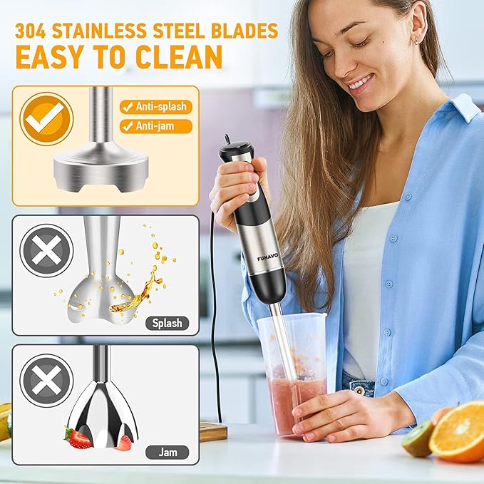 Hand Blender 800W 5-in-1 Immersion Hand Blender 12-Speed Multi-function Stick Blender with 500ml Chopping Bowl Whisk 600ml Mixing Beaker Milk Frother Attachments BPA-Free