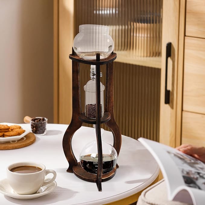 Cold Brew Coffee Maker 600ml Slow Drip Tower Iced Coffee Maker Wooden Drip Coffee Maker for 6-8 Cups for Home Office Use