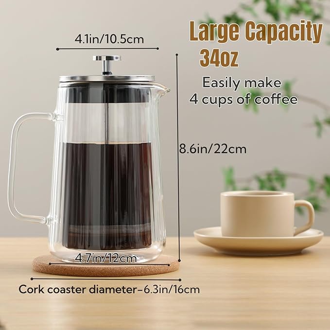 Glass French Press Coffee Maker 34oz Double Wall Heat-Resistant Borosilicate Glass Coffee Press with Stainless Steel 4-Level Filtration Also Fit for Tea