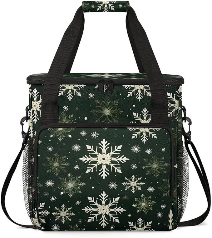 Xmas Snowflakes Coffee Maker Carrying Bag Modern Snowflakes Travel Storage Bag Compatible with K-Mini or K-Mini Plus Single Serve Coffee Brewer Carrying Case with Multiple Pockets &amp Shoulder Str