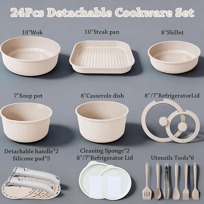24 Pcs pots and pans setcookware set non stickpots and pans set Oven-safe and dishwasher-safePFAS/PFOA FreeInduction Dishwasher Oven Safe cookware set(White)