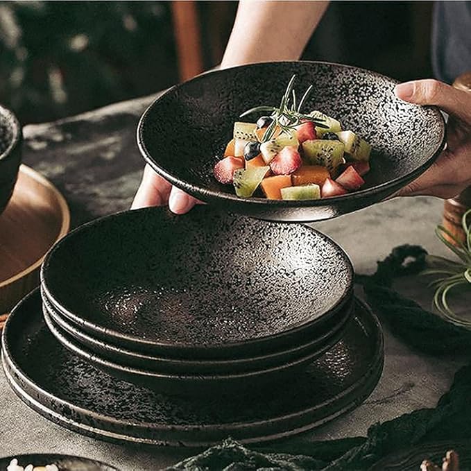 Kitchen Tableware SetCeramics Dinnerware Sets Plates and Bowls Sets 66 Pcs Kiln Change Dishes Set - Black Dinner Plates/Steak and Pasta Plate