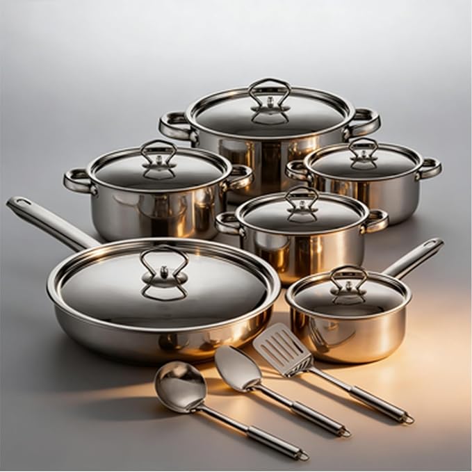 Heavy-Duty 15pc Stainless Steel Cookware Set Sunken Sealing Design - Complete with Stainless Steel Lids Utensils (Turner Ladle Cooking Spoon)