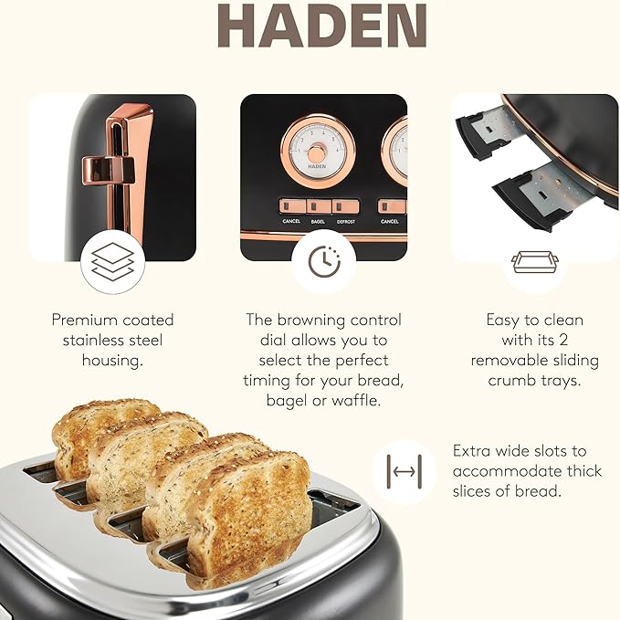 Haden Dorset 4 Slice Wide Slot Stainless Steel Toaster Bundled with 12 Cup Programmable Drip Coffee Maker Coffee Machine Black &amp Copper