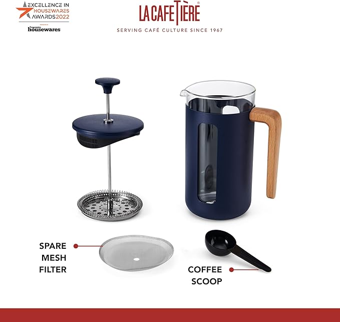 La Cafetière Pisa Cafetière 8-Cup/1L Heat-Resistant Borosilicate Glass and Stainless Steel with Easy-Grip Plunger Large French Press Coffee Maker for Loose Tea and Ground Coffee Navy