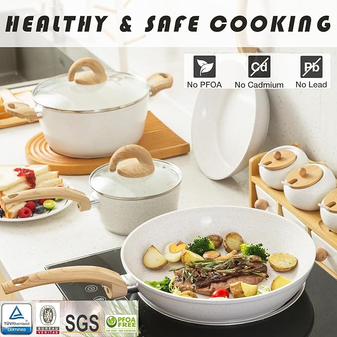 Non Stick Pots and Pans Set Healthy Ceramic Cookware Set 12pcs Kitchen Cooking Pots and Frying Sauce Saute Pans Set PFAS-Free with Kitchen Utensils and Lid Pink