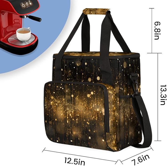 Glitter Coffee Maker Carrying Bag Black Gold Portable Travel Storage Tote Bag Compatible with K-Mini or K-Mini Plus Single Serve Coffee Brewer Carrying Case with Multiple Pockets &amp Shoulder Stra
