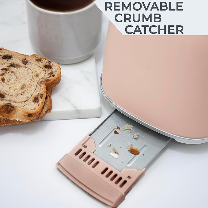 Rae Dunn Retro Rounded Bread Toaster 2 Slice Stainless Steel Toaster with Removable Crumb Tray Wide Slot with 6 Browning Levels Bagel Defrost and Cancel Options Blush