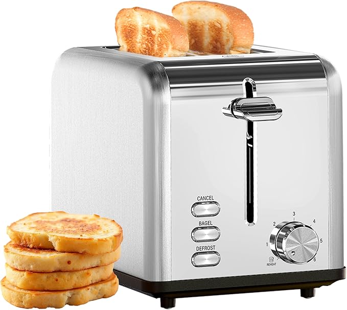 Simple Deluxe 2-Slice Stainless Steel Toaster Extra Wide Slot &amp Removable Crumb Tray 6 Browning Setting and 3 Function Toaster for Bread &amp Waffle Silver
