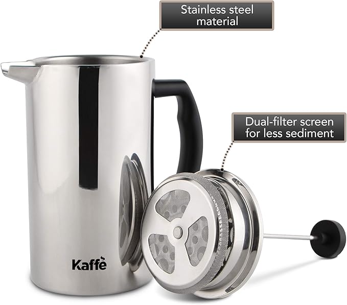 Kaffe Stainless Steel French Press Coffee Maker (27oz / 0.8L) - Double-Wall Insulated Coffee Press - Travel &amp Camping - Homemade French Press Coffee