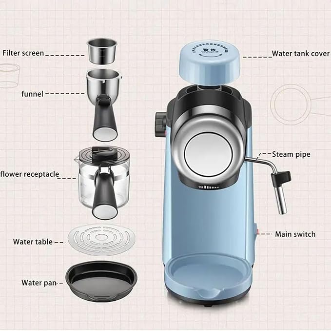 Espresso Coffee Maker 240ml Small Automatic Hand Grinding Coffee Machine with Steam Milk Frother Cappuccino Latte Machine with Latte Art Cup Coffee Pot for Home Office (Blue