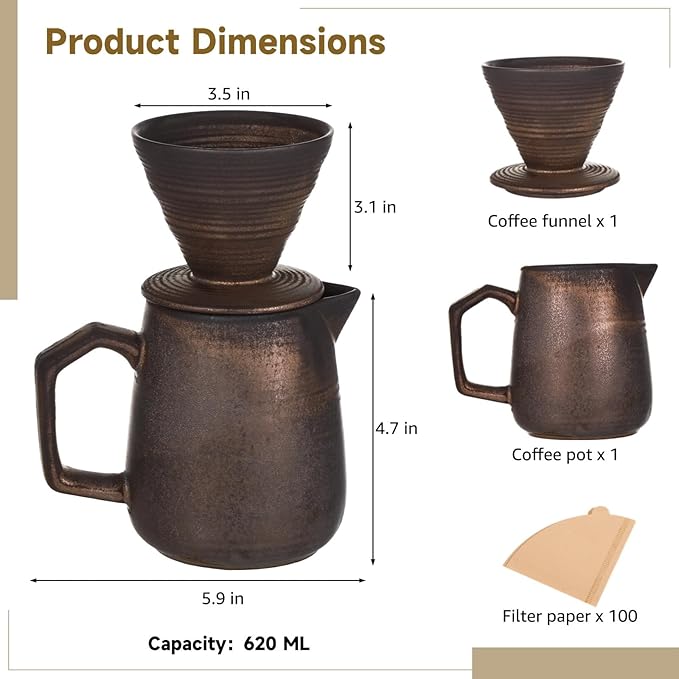 620 Ml Ceramic Pour Over Coffee Maker with 100 Filters Retro Design Perfect for Home Or Office Brewing