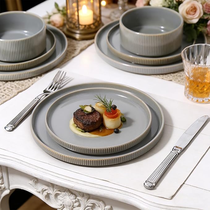 MONITO Ceramic Dinnerware Sets for 6 18PCS Stoneware Plates and Bowls Sets Reactive Glaze Dish Set Chip and Scratch Resistant Double Microwave and Dishwasher Safe Sage Mist