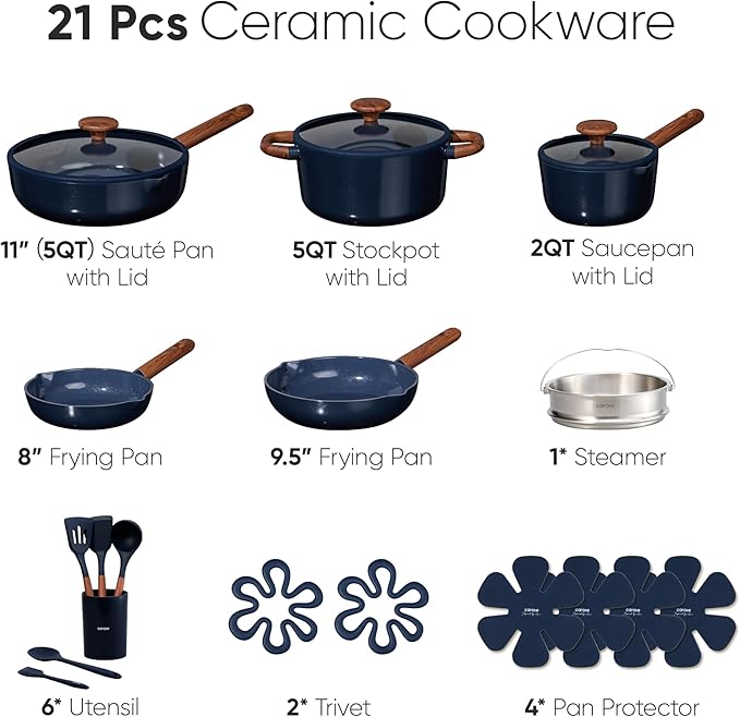 CAROTE 21pcs Cookware Set Nonstick Pots and Pans Set Ceramic Cookware Set Induction Cookware Non toxic Healthy Non Stick Kitchen Cooking Set PFAS PTFE Free Blue