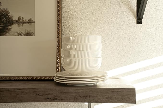 New Bone China 12 Piece Dinnerware Set Santorini Collection (Sun) White Daily Use China Embossed Tableware Service for 4