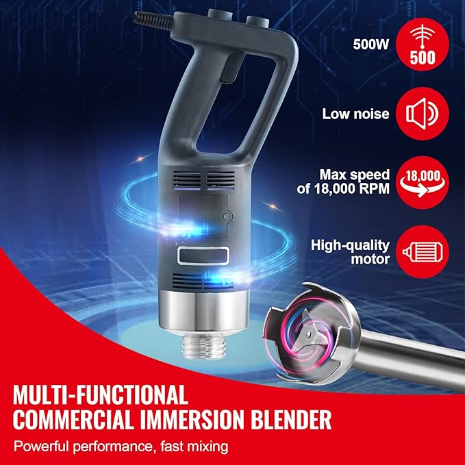 Happybuy Commercial Immersion Blender 500W Heavy Duty Hand Mixer Variable Speed Stick Mixer with 304 Stainless Steel Blade Versatile for Soup Smoothies Purees Baby Food