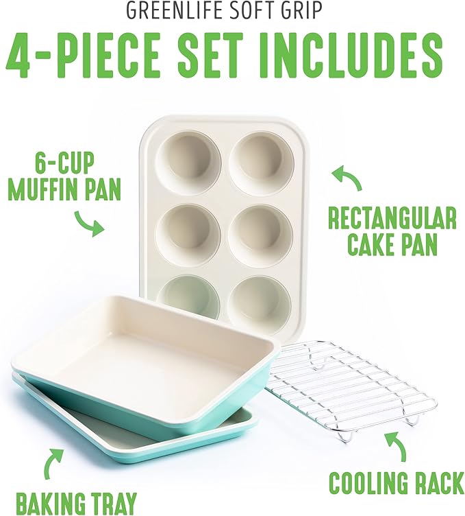 GreenLife Bakeware Healthy Ceramic Nonstick 4 Piece Toaster Oven Baking Set with Cookie Sheet Muffin and Cake Pan PFAS-Free Turquoise