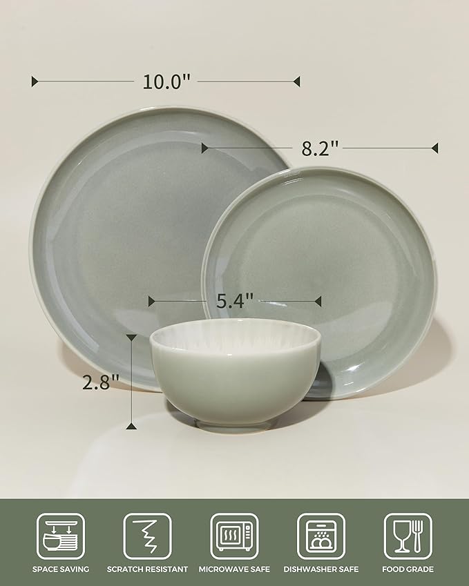 Plates and Bowls Sets for 8 24 Piece Dinnerware Set for Large Families &amp Entertaining Elegant Design Dishwasher &amp Microwave Safe Chip Resistant and Durable Gray Green