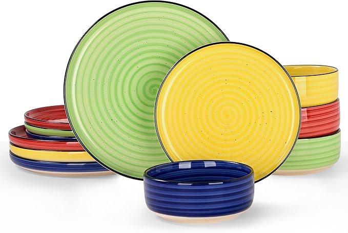 Bonita Dinnerware Sets 12 Pieces Blue Stoneware Dishes Set for 6 Plates Set and Bowls Sets Dishwasher and Microwave Safe