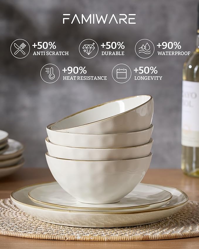 Famiware Dinnerware Sets for 8 Ocean Round 24-Piece Kitchen Plates and Bowls Sets Microwave and Dishwasher Safe Scratch Resistant Vanilla White