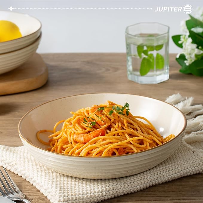 Famiware Jupiter 12-Piece Dinnerware Sets 4-Piece Pasta Bowls 4-Piece 14 oz Mug Set 20-Piece Stoneware Dinnerware Sets Vanilla White