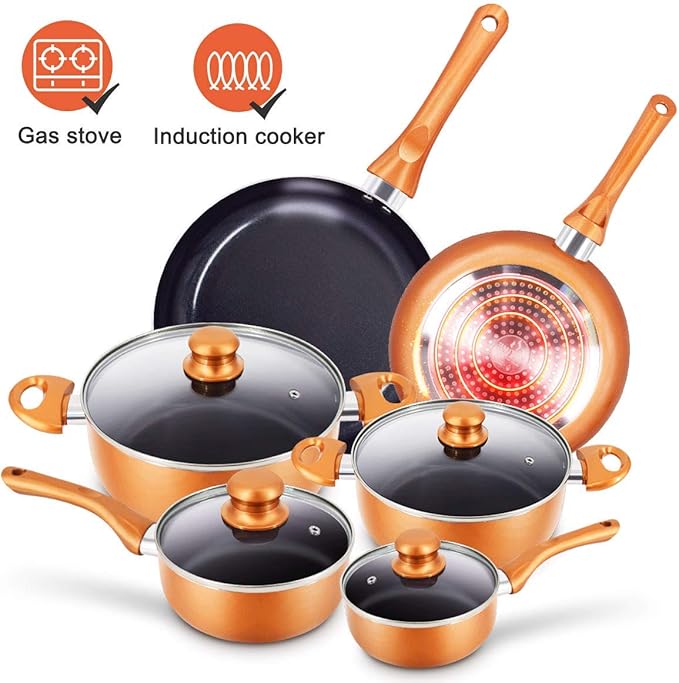 10pcs Cookware Set Non-stick Frying Pans Set Ceramic Coating Soup Pot Milk Pot Copper Aluminum Pan with Lid Gas Induction Compatible 1 Year