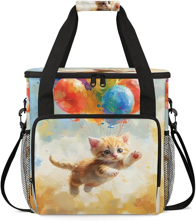 Cute Cat Oil Painting Coffee Maker Travel Bag for Keurig K-Mini/K-Mini Plus Insulated Waterproof Tote with Pockets for K-Cup Portable Single-Serve Brewer Case