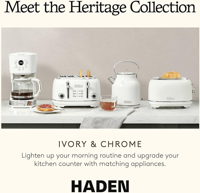 Haden Heritage 1.7 Liter Stainless Steel Body Retro Electric Tea Kettle with 2 Slice Wide Slot Stainless Steel Bread Toaster White