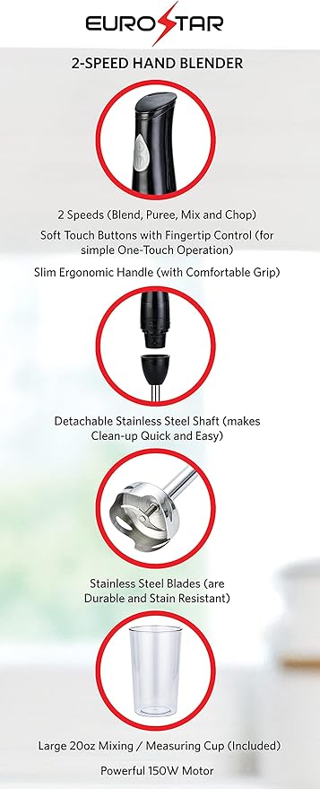 EUROSTAR EH440B 2-Speed Hand Blender with Stainless Steel Detachable Shaft Black