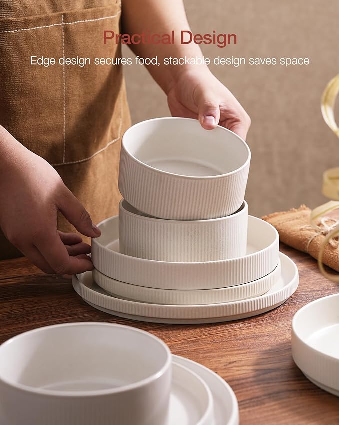 Famiware Star Dinnerware Set with Plates and Bowls Service for 6 (24-Piece) Stoneware Kitchen Dishes Dinner Sets - Matte White