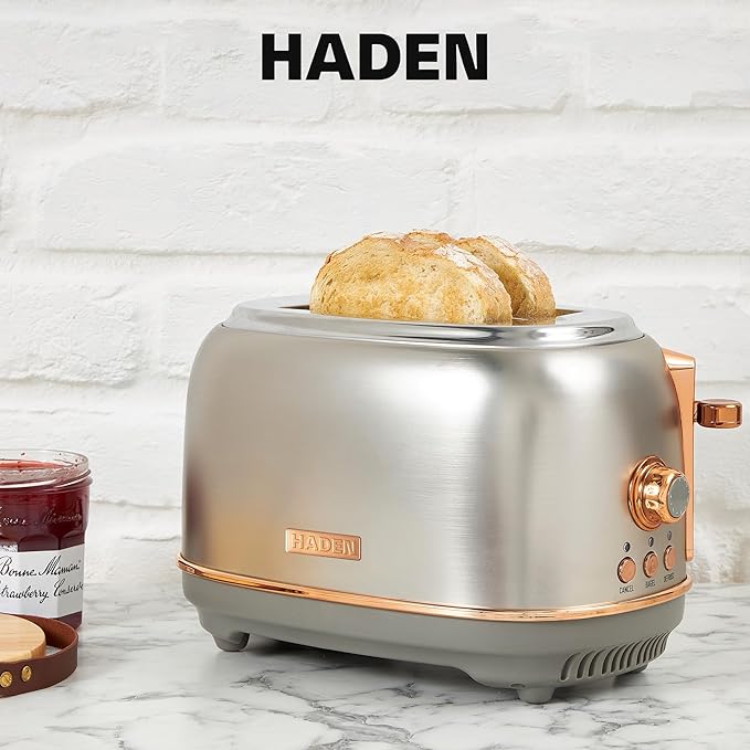 Haden Heritage 4 Slice Wide Slot Stainless Steel Toaster Bundled with 1.7 Liter Stainless Steel Electric Water Kettle Steel &amp Copper