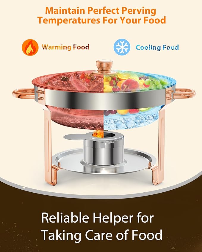 Superior 5QT Round Stainless Steel Chafing Dishes Buffet Set – Glass Lids Spoon &amp Tweezers Food Warmer Server for Catering &amp Events Rose Gold – 6-Pack 6-Piece Set