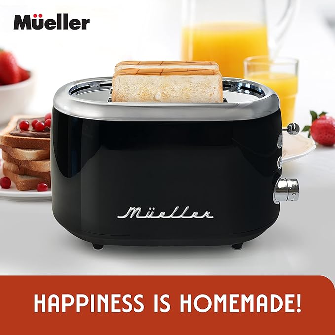 MUELLER HOME Retro Toaster 2 Slice 7 Browning Levels 3 Functions (Reheat Defrost Cancel) Stainless Steel Features Removable Crumb Tray Under Base Cord Storage Black