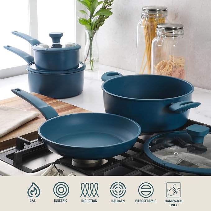 Gibson Home Helensburgh 7-Piece PFA-Free Ceramic Nonstick Carbon Steel Cookware Set – Blue Pots and Pans with Glass Lids Saucepan Dutch Oven Fry Pan