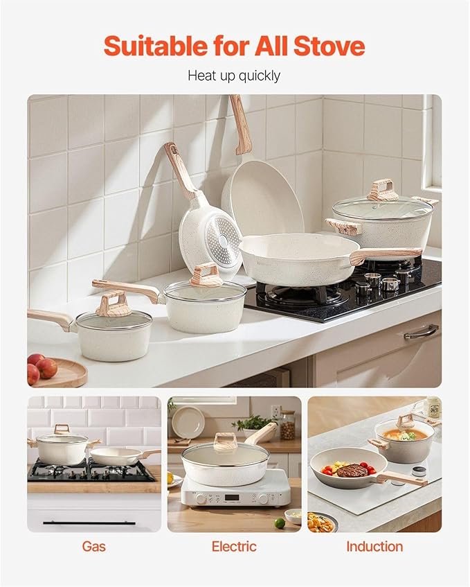 17 Piece Pots and Pans Set Nonstick Granite Cookware Induction Ready - White Kitchen Cookware Set with Lids