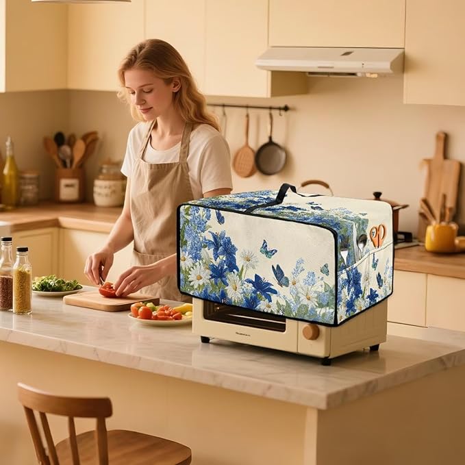 Lily Daisy Print Toaster Oven Covers for Kitchen Counter Decor Heavy Duty Toaster Oven Air Fryer Cover Kitchen Small Appliance Protector with Side Pockets Blue