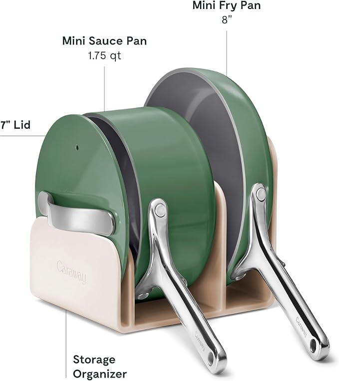 Caraway Mini Cookware Set - Non-Stick Ceramic Fry Pan (1.05 qt 8) Sauce Pan (1.75 qt) &amp Storage Rack - Non Toxic PTFE &amp PFOA Free - Oven Safe &amp Stovetop Agnostic (Gas Electric &amp In