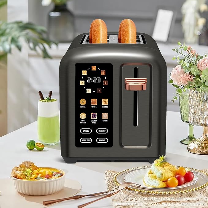 SEEDEEM Toaster 2 Slice Touch Control Stainless Toaster LCD Display 50% Faster Heating Speed 1.4'' Wide Slots More Timer Functions Removable Crumb Tray 1350W Dark Metallic
