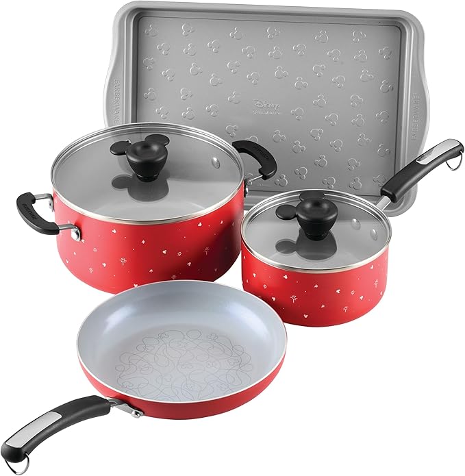 Farberware Disney Bon Voyage Ceramic Nonstick Pots and Pans Set with Baking Sheet/Cookie Pan and Disney Home Kitchen Tools 8 Piece Non Stick Cookware Set - Red