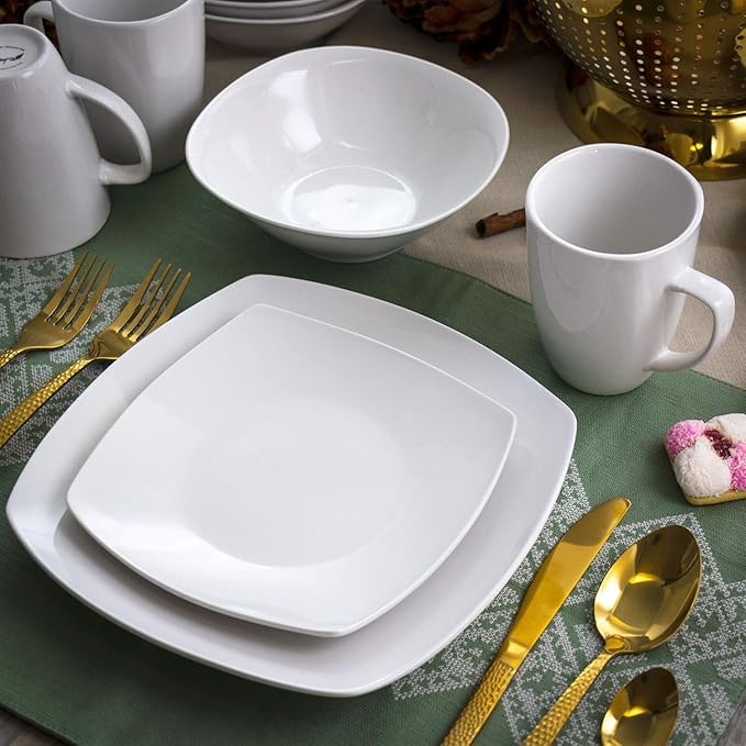 16 Piece Porcelain Dinnerware Set in White Soft Square Modern Plates and Bowls Dishwasher and Microwave Safe Tableware Set for 4