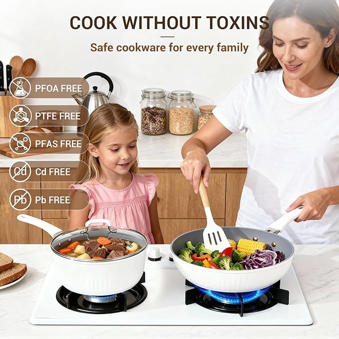 Ammeloo 15-Piece Ribbed Ceramic Cookware Set Pots and Pans Set Non Stick Induction Ready Healthy Non Toxic Kitchen Cooking Set PFAS/PFOA/PTFE-Free Silicone-wrapped Stay-Cool Handle
